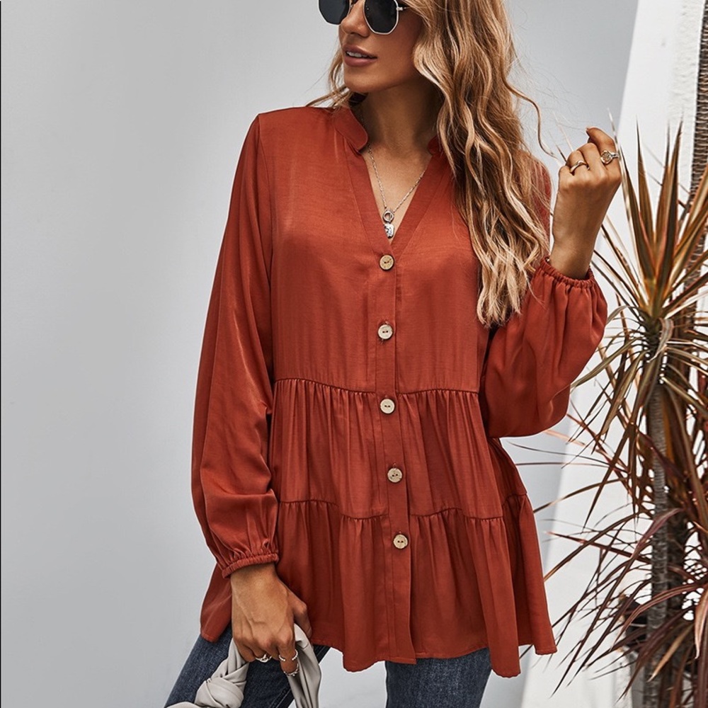 🍁🆕Button Down V Neck Long Sleeve Top Rust - Picture 2 of 7